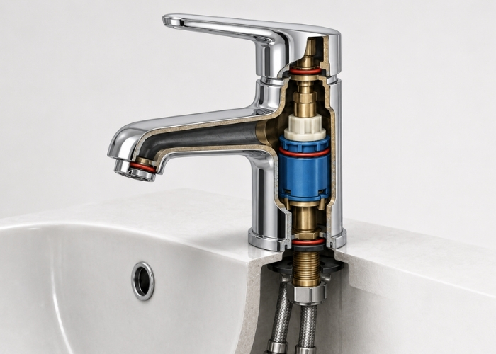 Opengewerkte drinkwaterkraan met afdichtingen in een sanitaire installatie